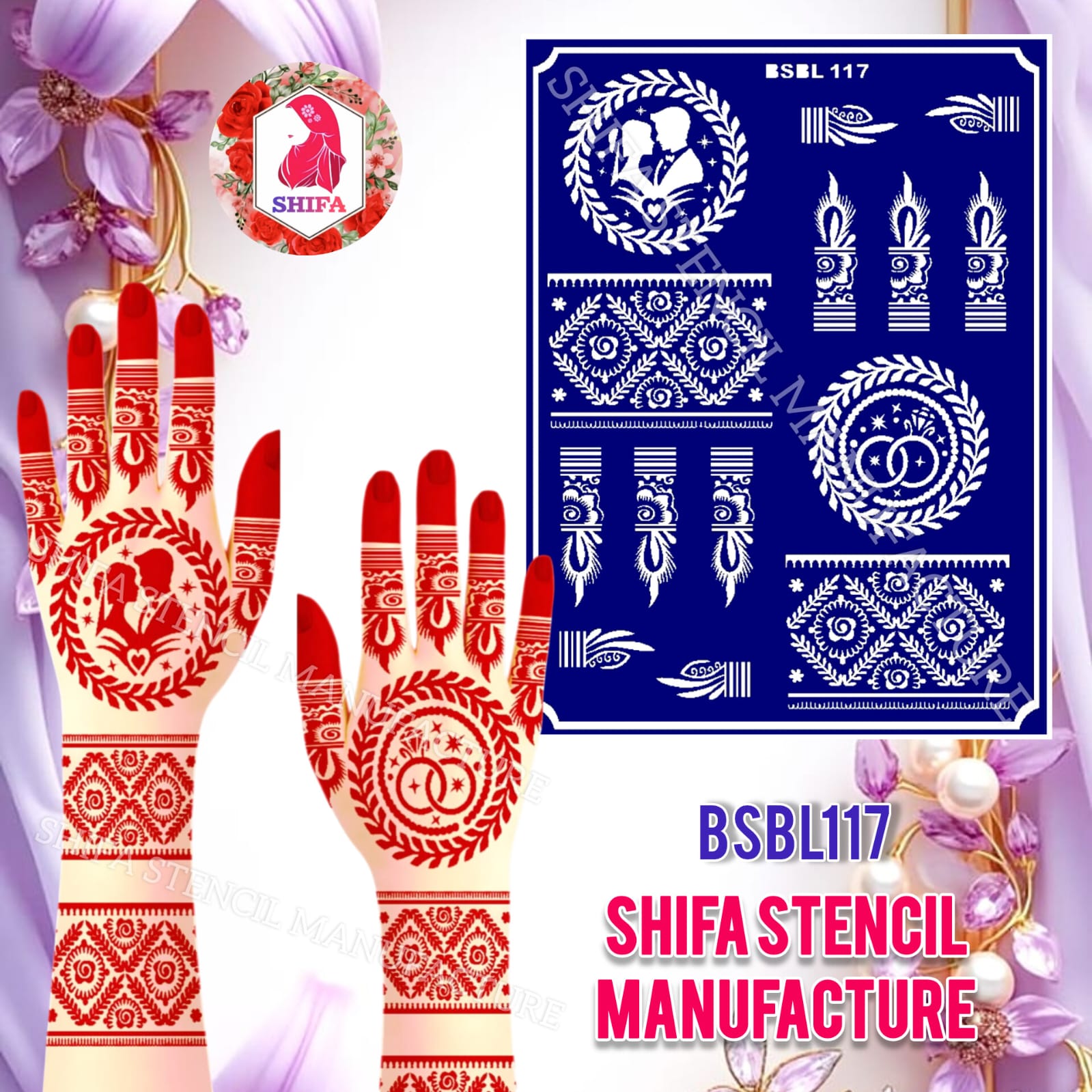 BSBL117 Couple &  Ring Themed Wedding Design Sticker overview Henna Stencil - Shifa Stencil